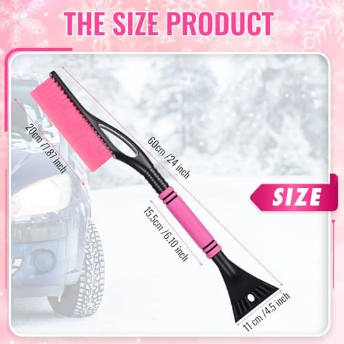 Lasnten 24'' Snow Brush and Ice Scraper for Car Windshield, 2 in 1 Detachable Snow Scraper with Soft Grip Handle and Additional Handhold, Multi-Functional Removal Tool for Car, Truck, SUV(Pink)