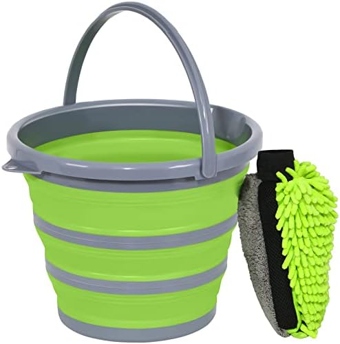 Collapsible Bucket with 3-in-1 Car Wash Mitt, Coral Velvet + Weave + Chenille Microfiber Glove Sponge, 10L (2.6 Gallon) Portable Folding Basin Pail for Household Cleaning