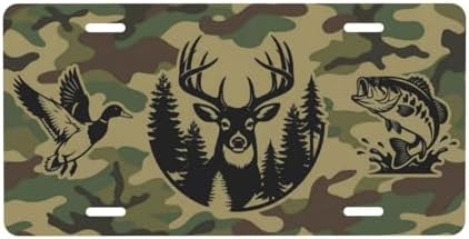 Camo Wildlife Deer Duck Bass Aluminum License Plate 6x12 | Camo Wildlife Decor, Standard 6x12 In, UV Printed Aluminum, 4 Pre-drilled Holes, Outdoor Front Plate, Not for DMV Use.