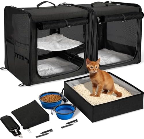 Extra Large Cat Carrier for 2 Cats with Travel Litter Box, 2-in-1 Foldable Soft Pet Car Travel Carrier with Zipper Locks for Multiple Cats Small Dogs Up to 45 Lbs, Black
