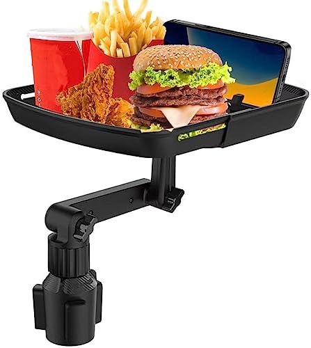 Kelofam Larger Cup Holder Tray, 10 inch Car Food Tray for Eating, Detachable 3 in 1 Car Cup Holder Expander and 360° Rotating Car Cup Holder Tray Table with Phone Holder, Road Trip Essentials
