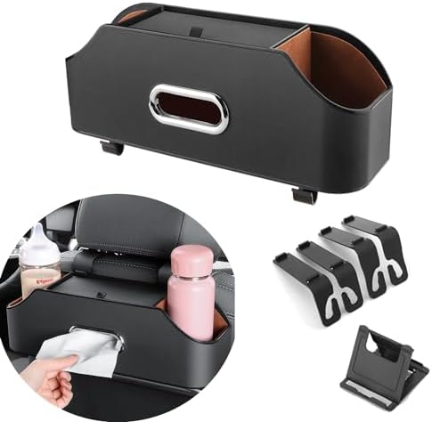 Car Back Seat Organizer with 2 Drink Cup Holder and Tissue Box, Headrest Hanging Storage Box with Hooks and Phone Holder, Multi-Functional Storage for Kids and Travel. (Black)