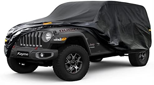 Kayme 7 Layers Car Cover Custom Fit for Jeep Wrangler 4 Dr/Unlimited 4 Door JK JL, Waterproof All Weather for Automobiles, Outdoor Full Cover Rain Sun UV Protection.Black