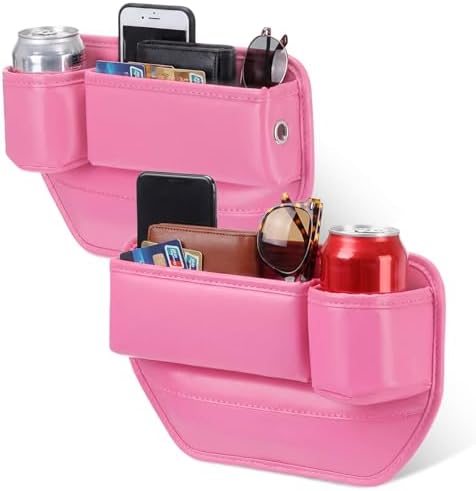 Aliceset 2 Pack Pink Car Seat Gap Filler Organizer with Cup Holder and Storage Leather Car Organizer for Keys Cards Phone Sunglasses and Small Items