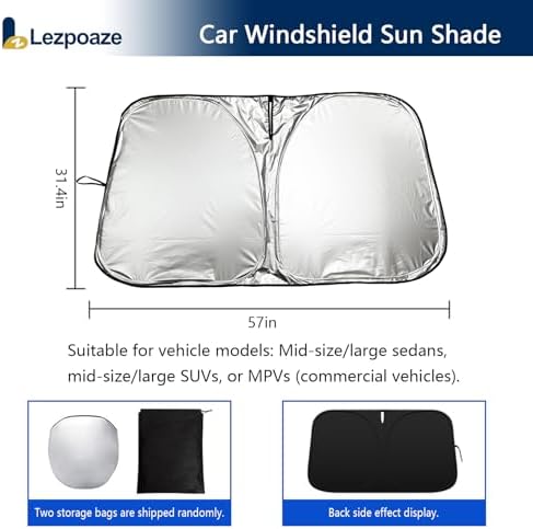 Universal Car Windshield Sun Shade, Blocks 99% Heat & Keeps Interior Cool | Fits Cars, SUVs, Trucks | Foldable with Storage Pocket (57.09x31.5 inches)
