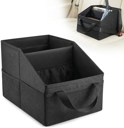 Car Seat Organizer Caddy, Collapsible Front Backseat Car Organizer & Floor Storage with Dividers, Mesh Pockets, Belt & 4 Cup Holders for Kids and Travel Accessories