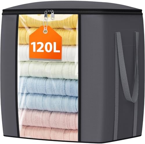 TasticTotes 120L Extra Large Clothes Storage Bags, Foldable Blanket Storage and Organization, Thick Fabric Containers with Reinforced Handles &amp; Zippers for Clothing, Comforters, Bedding, Gray, 1 Pack