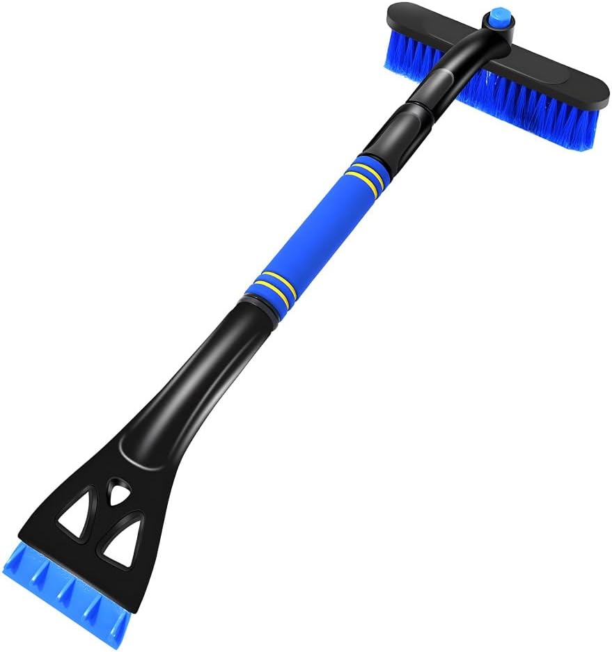 Ohleats 31.5" Ice Scraper and Extendable Snow Brush, 360° Pivoting Snow Brush Head with Foam Grip, Detachable Ice Scraper with Soft Bristle Head for Car Truck SUV Window Windshield (Blue)