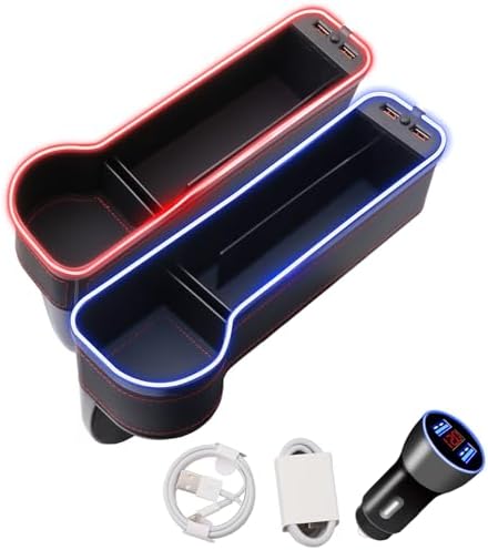 Car Seat Gap Filler Organizer, 2 Pack Multifunctional Car Seat Organizer, 7 Colours Changing LED Car Seat Seam Filler, Auto Console Side Storage Box with Cup Holders(BLACK)