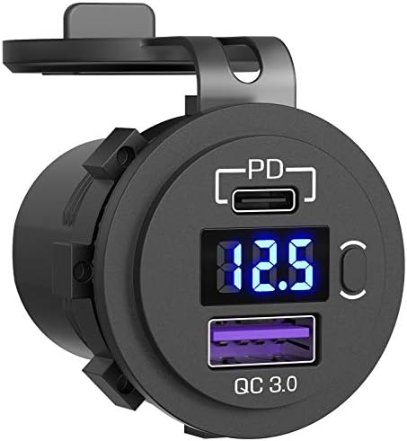 USB C Car Charger Socket, Qidoe 12V/24V Dual USB Outlet PD3.0 & QC3.0 Car USB Port with LED Voltmeter and ON/Off Switch DIY Car Socket for Car Boat Marine Bus Truck Golf RV Motorcycle