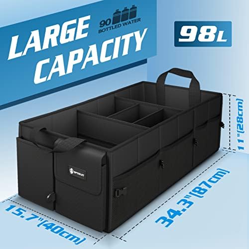 Sposuit Trunk Organizer with Insulated Leakproof Cooler Bag, 98L Collapsible Car Storage Large Trunk Organizer for Car SUV Van with Removable Dividers & Adjustable Securing Straps