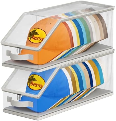 AOODA 2PCS Stackable Hat Storage for Baseball Caps, Clear Hat Organizer for Closet Holds up to 24 Caps, Men‘s Hat Box Display with Cardboard (Grey)