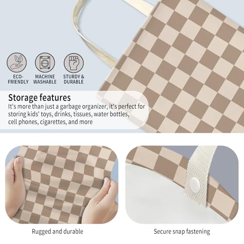 Car Trash Can, Hanging Garbage Bin for Men and Women, Cute Car Organizer and Storage Bag, Canvas Vehicle Trash Can Bag Easy-to-Install Cute Checkboard