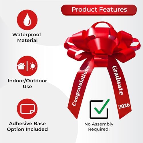 Giant 30 Inch Red Magnetic Car Bow Grad Year 2026 JumBow Weather Resistant Vinyl No Assembly Handmade USA Congratulations Graduate High School College