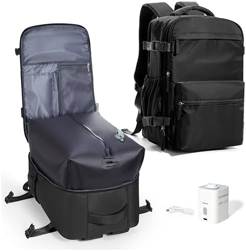 Vacuum Seal Backpack for Travel with Air Pump Waterproof Laptop Carry On Backpack Personal item Travel Essentials Compression Space Saver Bags Storage with Vacuum System Black
