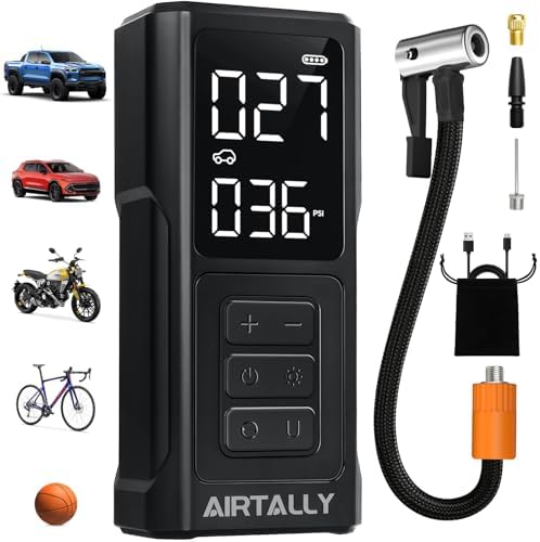 Tire Inflator Portable Air Compressor - 5200mAh 150PSI Quickly Inflate Portable Air Pump for Car Tires/Bike/Basketball with LED Large Dual Screen, Pressure Gauge & Auto Shut-Off