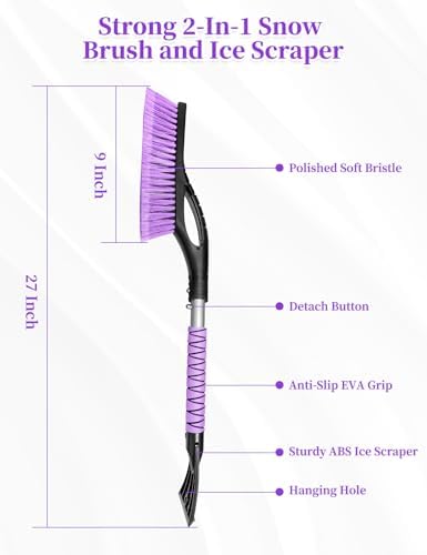 HEEYA 2 Pack 27 Inch Ice Scraper and Brush for Car, Snow Brush and Ice Scraper with Foam Grip, Detachable Snow Scraper for SUV Truck Vehicle Auto Windshield Window - Purple & Pink