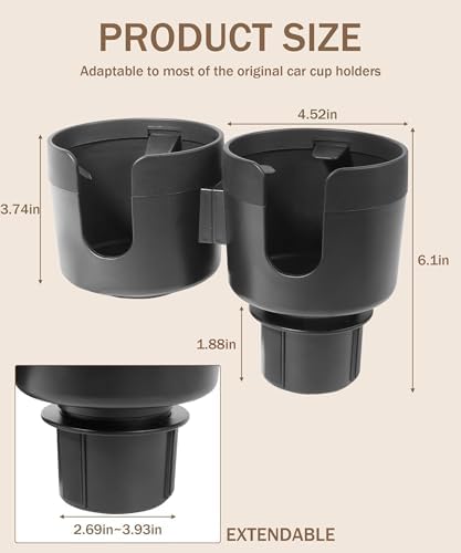 Unifizz 2-in-1 Multifunctional Car Cup Holder Expander Adapter - Black ABS Plastic - Universal Fit