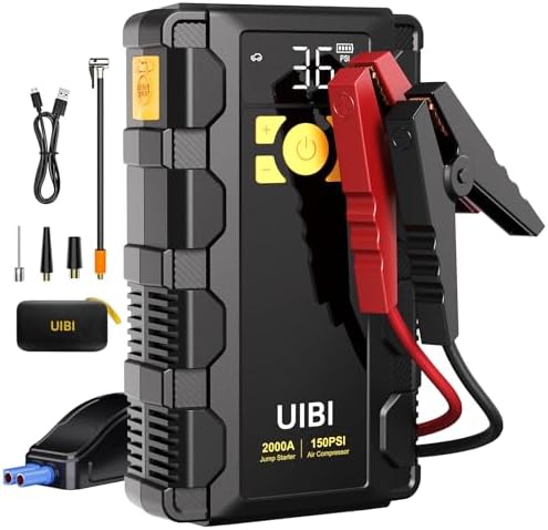 UIBI X5 Car Jump Starter 2000A with Built-in 150PSI Tire Inflator,16000mAh Power Bank & SOS Light for 8.0L Gas/6.0L Diesel Car Truck RV Road Trip Emergency