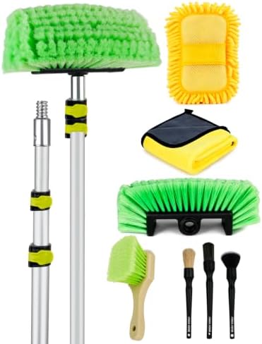 10FT Car Wash Brush with Long Handle, Car Cleaning Kit with Telescoping Pole and Soft Bristles Cleaning Brush, Detailing Brushes, Wheel Brush, Car Wash Sponge & Towel for RV, Trucks, SUV, House Siding