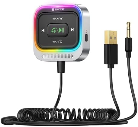Syncwire Bluetooth 5.4 Receiver 3.5mm Aux Car Adapter Bluetooth Receiver Car Kit with Coiled Cable [Large Mic Noise Cancellation] [Hands-Free Calling] [HiFi Deep Bass] [Colorful Light Switch]