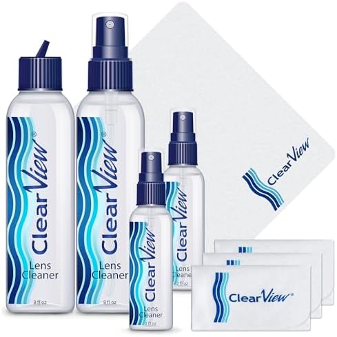 Clear View Lens Cleaner Kit – 4 Bottles + 4 Microfiber Cloths | Streak-Free Eyeglass & Screen Cleaning Spray | Safe for AR & Blue-Light Lenses | 8 oz + Travel Sizes