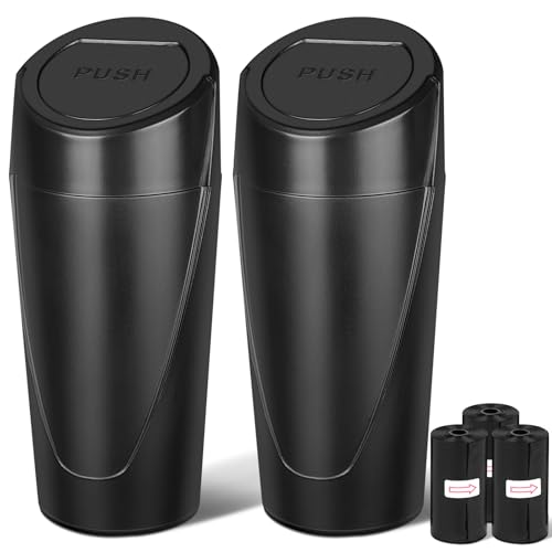 Car Trash Can, 2 Packs Mini Car Garbage Can Cup Holder with Lid | Leakproof Car Trash Bin with 60 Trash Bags, Vehicle Front Back Seat Organizers and Storage for Car, Home, Office, Black