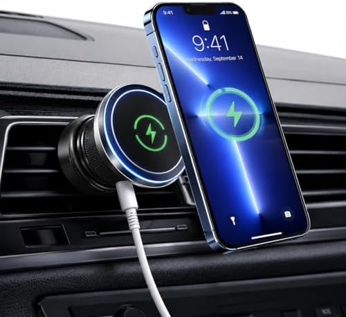 Magnetic Wireless Car Charger Mount for Air Vent, MagSafe Compatible, 15W Fast Charging, Strong Magnetic Phone Holder for iPhone 12–15 & Android