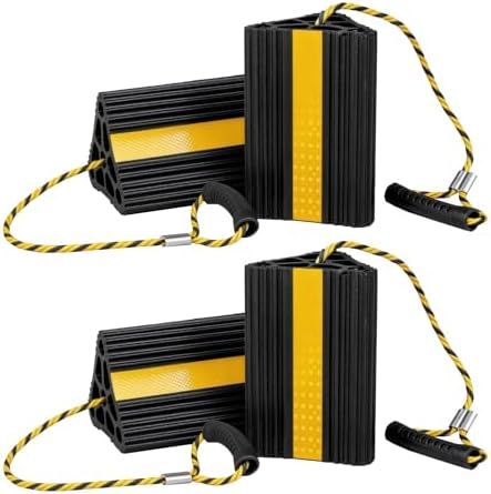 Vacallity Update Wheel Chocks for Trailer 4pc Heavy Duty Rubber Wheel Chocks with seprate Handle Rope&Yellow Reflective Tape Tire Chock Blocks for Cars Trucks Aircraft RV Camper Trailer Accessories
