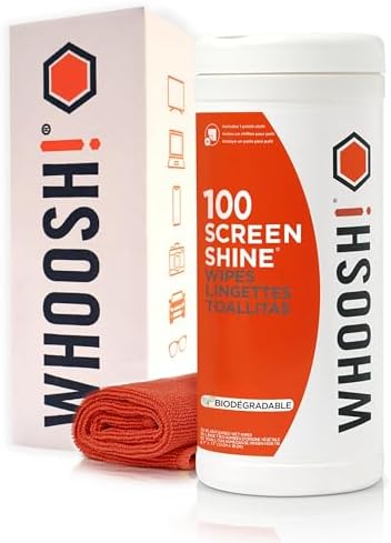 WHOOSH! Screen Shine 100 Count Touch Screen Cleaner Wipes for Car, OLED, TV, Eyeglasses, Laptop – Lint-Free, Non-Abrasive Wipes – Streak-Free Finish – Non-Toxic & Odorless – Microfiber Cloth Included