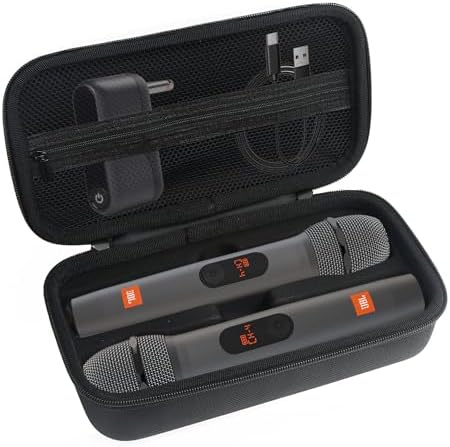 Wireless Microphone Carrying Case Compatible with JBL Dual Microphone System | Portable Storage Bag for Handheld Mics, Receiver, Adapters & AA Batteries | for Karaoke Singing and Party Box Events