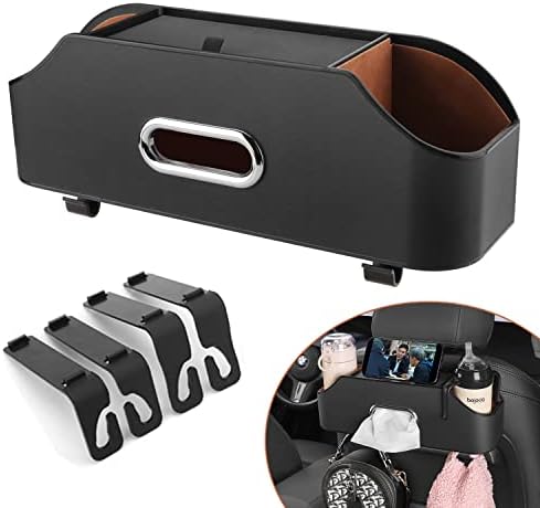 Car Seat Back Organizer - Stylish &amp; Functional Storage for Family Adventures - Cup Holders, Tissue Box &amp; Hooks - Perfect for Kids, Road Trips &amp; Travel (Black)
