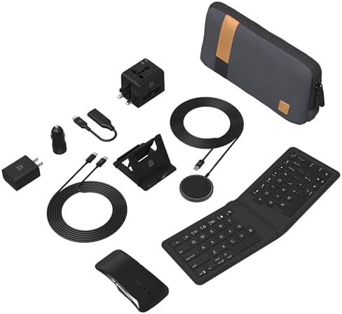 ZAGG Desktop Essentials International Travel Kit - International Power Adapter, Foldable Bluetooth Keyboard, Mouse, Wireless Charger, USB C Charging Cable, HDMI, Car Charger, 20W USB C Charging Block
