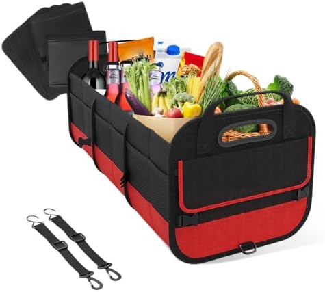 povtii Large Organizer for Car, 95L Stretchable Storage Trunk Organizer with Divided Compartments, Fixed Big Trunk Organizer with Handles & Adjustable Straps, Car Accessories (Black & Red)