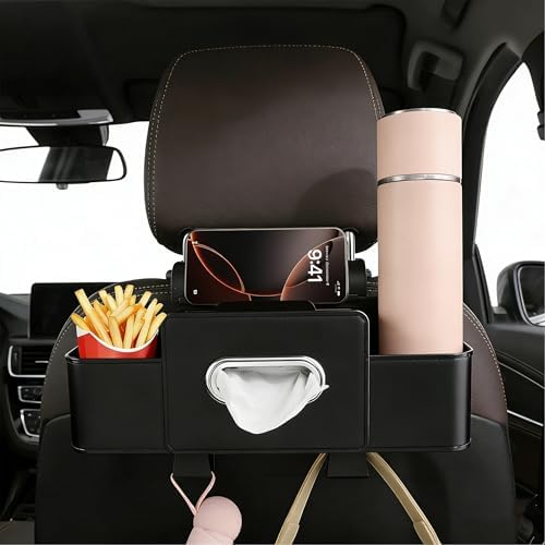Amooca Back Seat Car Organizer, 4+2 in 1 Multifunctional Car Backseat Storage Box with 2 Cup Holders Tissue Box Hook, Car Interior Storage for Travel Phones Snacks Drinks(Black)