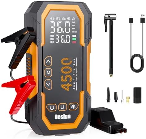 6000A Portable Jump Starter with Air Compressor, 12V Car Battery Starter (Suitable for Gasoline/10.0L Diesel Engines), Large LCD Display, LED Work Light, Jumper Cables, Supports Type-C Fast Charging