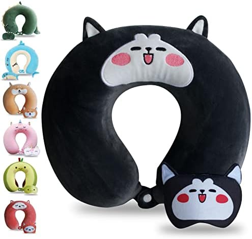 Sexysamba Cartoon Headrest & Neck Pillow for Kids Boys & Girls, Teens, Travel Accessories for Airplane, Car, Recline, Memory Foam Cute Travel Pillow with Sleep Eye Mask - Husky