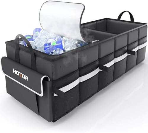 HOTOR Trunk Organizer - Car Organizer with Built-In Leakproof Car Cooler, Collapsible Trunk Organizer with Cooler for Car, SUV, Sedan, with Base Panel (3 Compartments, Grey),31.9"×12.6"×10.6"