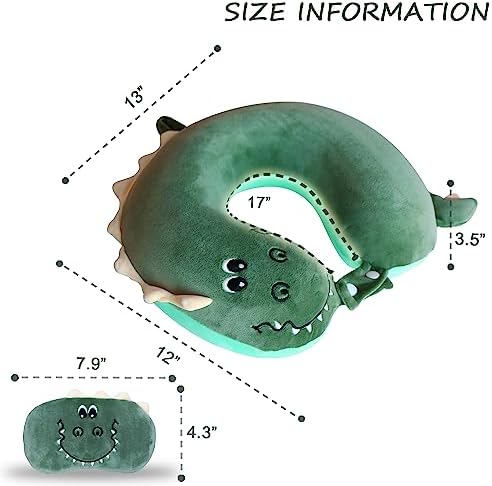 Sexysamba Cartoon Headrest & Neck Pillow for Kids Boys & Girls, Teens, Travel Accessories for Airplane, Car, Recline, Memory Foam Cute Travel Pillow with Sleep Eye Mask - Dinosaur