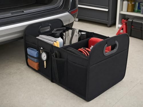 Car Trunk Organizer Foldable Waterproof Storage Caddy with Handles, Collapsible Auto Organizer for SUV, Truck, Van, Black