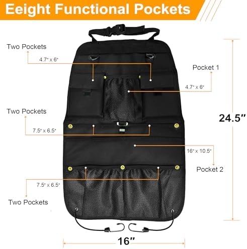 Car Seat Back Organizer with Multiple Storage Pockets, Black Mesh and Fabric, Universal Fit