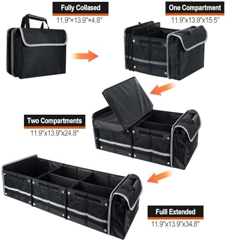 AOPHY Car Trunk Organizer with Insulated Cooler Bag, Foldable & Waterproof Storage Organizer with Lid for SUV, Truck, Sedan - 4 Large Adjustable Compartments, Heavy Duty & Collapsible Design