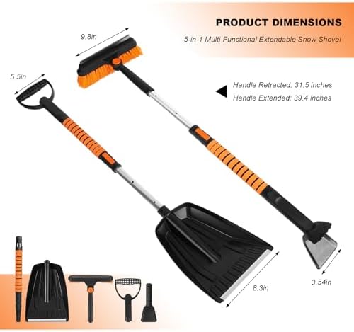 Ice Scraper and Snow Brush for Car, 5-in-1 Extendable Snow Removal Tool with Ergonomic Foam Grip, Detachable 180° Pivoting Brush Ice Shovel for Car Truck SUV Windshield