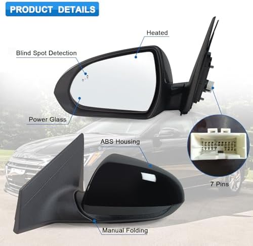 Left Driver Side Mirror Assembly Fits 2017 2018 2019 2020 Hyundai Elantra with Power Glass Heated Blind Spot Detection and Manual Folding Match to Black Replace HY1320226 (7Pins)