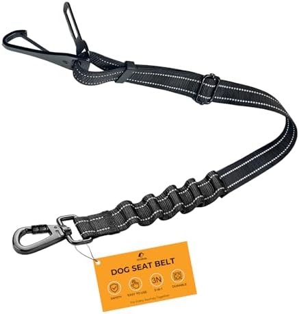 Dog Car Seat Belt 3-in-1, Escape Proof Dog Seatbelt for Car, Adjustable Pet Seat Belt with Shock Absorbing Bungee, Heavy Duty Dog Safety Belt for Small Medium Large Dogs, Black