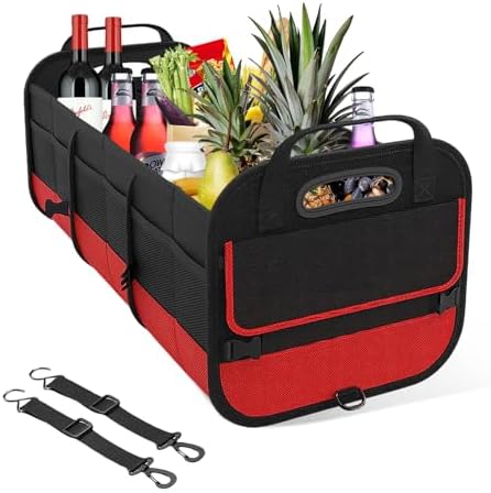 Car Trunk Organizer, Large Capacity Collapsible Cargo Organizer with Adjustable Straps Reinforced Handles, Multi-Compartment Trunk Storage Box for Car Truck SUV Sedan (Black & Red)