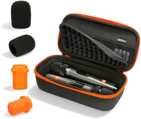 Hard Shell Microphone Case for JBL Wireless Two Mic System & PartyBox Wireless Mic, Carrying Travel Mics Storage Bag with 2 Microphone Cover and 2 Silicone Bases for Karaoke Stage Parties