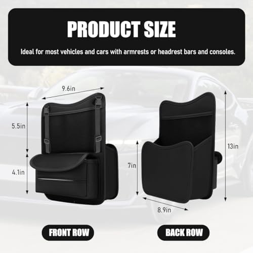 Car Organizer Storage Between Seats, Nappa Leather Front Seat Storage Bag with Tissue Holder, Automotive Console Hanging Net Pocket Handbag Holder for Phone Document (Black)