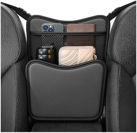 Car Organizer Storage Between Seats, Nappa Leather Front Seat Storage Bag with Tissue Holder, Automotive Console Hanging Net Pocket Handbag Holder for Phone Document (Black)