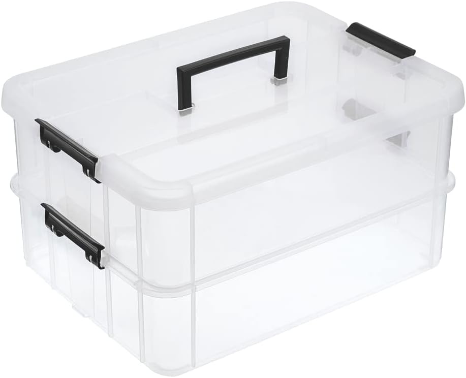 BTSKY 2 Layer Stack & Carry Box, Plastic Multipurpose Portable Storage Container Box Handled Organizer Storage Box for Organizing Stationery, Sewing, Art Craft, Jewelry and Beauty Supplies Black